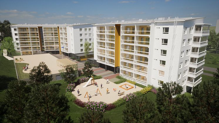 Havainnekuvassa kohteen pihanäkymä. Kuva: ARCO Architecture Company Oy