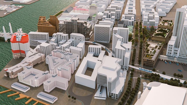 Visualisering av utvecklingen av Centralenområdet. De färglagda delarna det som byggs och utvecklas de kommande åren. 