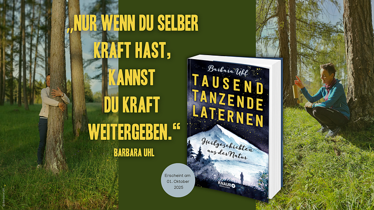 Buchcover "Tausend tanzende Laternen", Im Hintergrund zwei Bilder der Autorin in der Natur an Bäumen