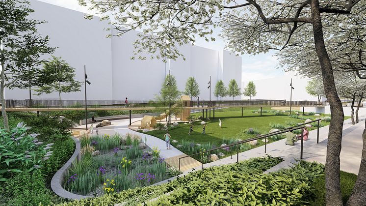 Visionsbild: Amiralsstadens första etapp, "Hydrodromen", en nedsänkt park med dagvattenhantering. Visionsbild: Radar Arkitektur & Planering 