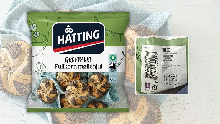Pose med Hatting Fullkorn møllehjul og etikett fra baksiden av posen med produksjons- og "Best før"-dato