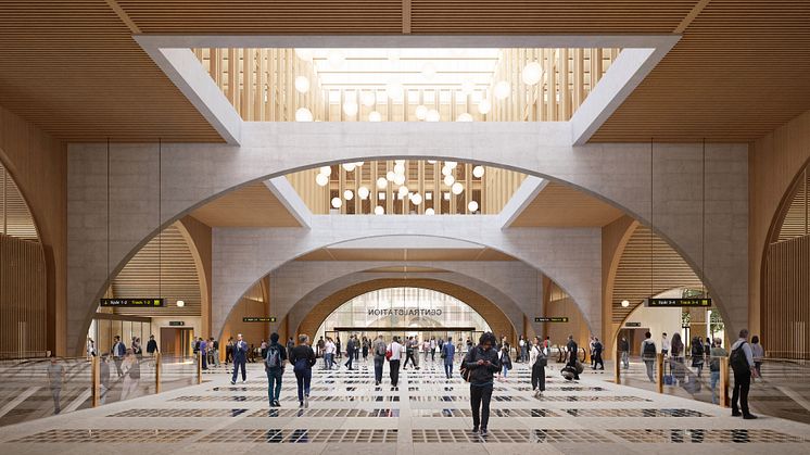 Bågar i betong och överbyggnad i trä karaktäriserar mitthallen. Bild: Reiulf Ramstad Arkitekter/Jernhusen