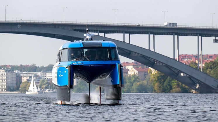 Candela P-12 Nova, flying at 25 knots on its way from the suburb of Ekerö to Stockholm's city center, is the fastest electric vessel in public transport. It has proven to cut commute times and increase ridership on the waterways.