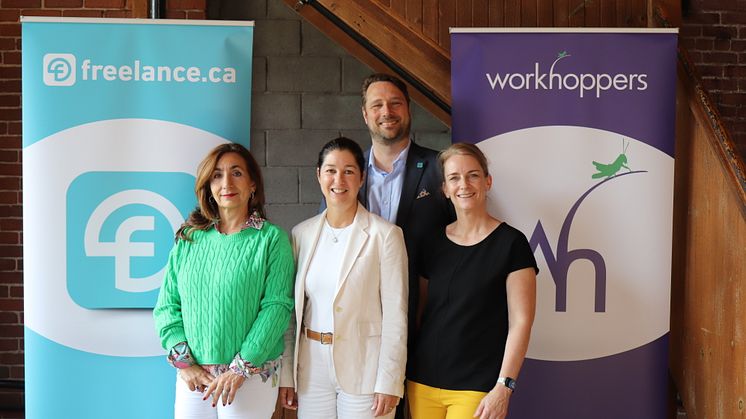 Auf dem Bild von links nach rechts: Vera Gavizon, Mitbegründerin von Workhoppers, Linda Singer, Mitbegründerin von Workhoppers, Simon Gravel, CEO von freelance.ca, Katja Gravel, Head of Administration bei freelance.ca. Quelle: freelance.ca.