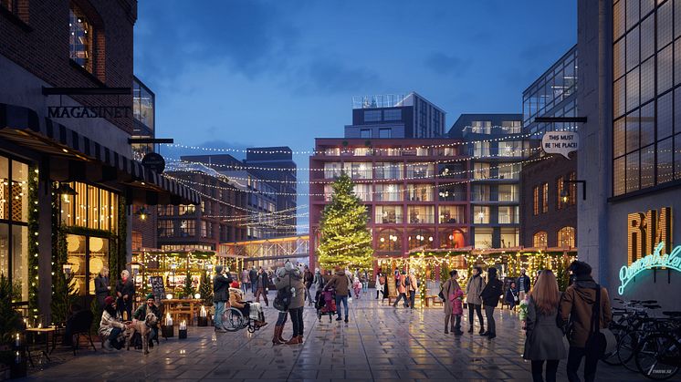 Visionsbild: Tänk att få uppleva julstämning på Brukstorget i Forsåker om några år! I byggnaden rakt fram öppnar Mölndals stadsmuseum upp år 2027–2028.