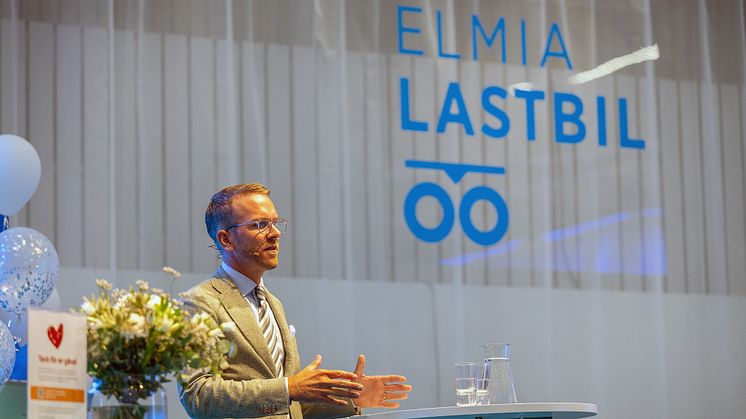 Infrastrukturminister Andreas Carlson (KD) invigningstalade på öppningen av Elmia Lastbil 2024.