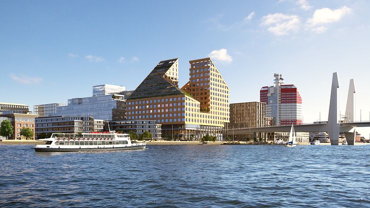 Bygglov för nybyggnad av kontorshus, restaurang och butik, Kaj 16, är ett av ärendena på stadsbyggnadsnämnden 24 september. Visionsbild: Vasakronan/TMRW/Dorte Mandrup.