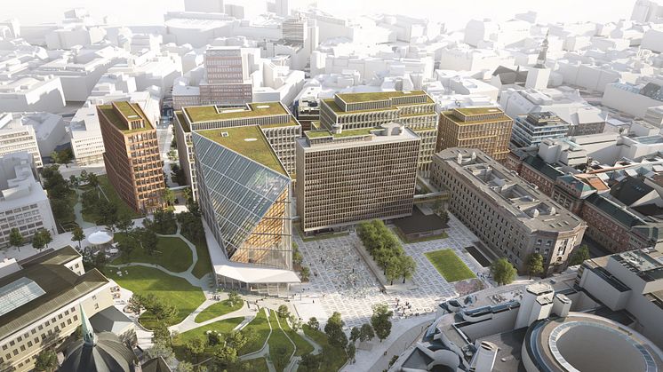 Oversikt over det framtidige regjeringskvartalet. Det permanente minnestedet skal ligge på Johan Nygaardsvolds plass, rett ved inngangspaviljongen til 22. juli-senteret. Ill.: Statsbygg/Team Urbis/Nordic Office of Architecture