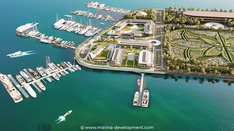 Aerial render of Bali Benoa Marina with yacht layout