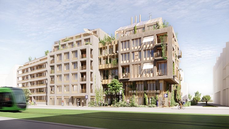 Tidig visionsbild för HSB Living Lab i Brunnshög, Lund. Illustration: White Arkitekter