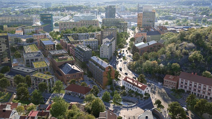 Visionsbild Mölndala Fastighets AB/TMRW: Forsåkers norra del med bruksbyggnaderna, forsen och Kvarnbygatan som omvandlats till ett stadsstråk.