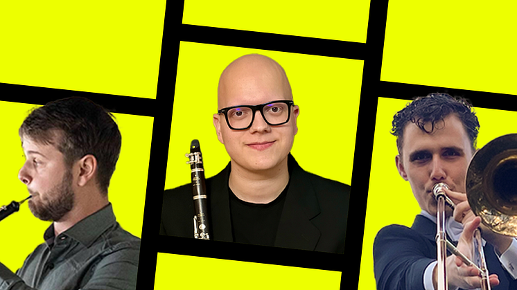Josef Wijk (oboe) foto Thor Brödreskift, Luca Scappagnini (klarinett) foto Luca Scapapagnini, Carl Appelgren (trombon) foto Rebecka Elsgard. Retusch Vincent Werner
