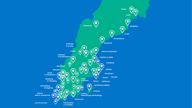 Kartbild över alla städer som är med i projektet Klimatneutrala städer 2030. Bild från Viable cities.