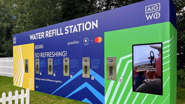 A Bluewater wall-of-water hydration station, installed at a Women's Open golf tournament in the United Kingdom