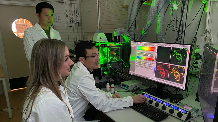Jun Zhang, Laura Herzog and Yaowen Wu have found a way to control proteins in living cells. Photo: Shuang Li