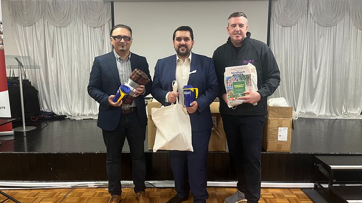 With the Winter Warmer packs at the Mosses Centre in Bury are (centre) Cllr Tamoor Tariq, with (left) Tan Ahmed, chief executive of ADAB, and Matt Peluch, public health practitioner for Age Well & Self Care, Bury Council.