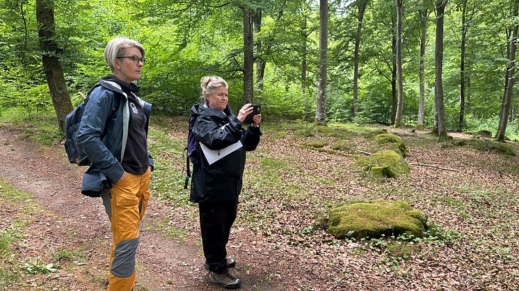 Två kvinnor står på en stig i skogen och rekar i landskapet med kameran som hjälp.