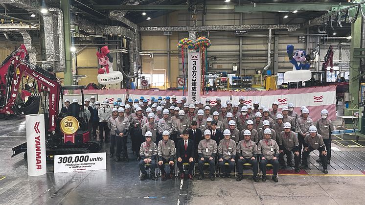 Yanmar Compact Equipment celebrates production of 300, 000th mini excavator at its Chikugo Plant.