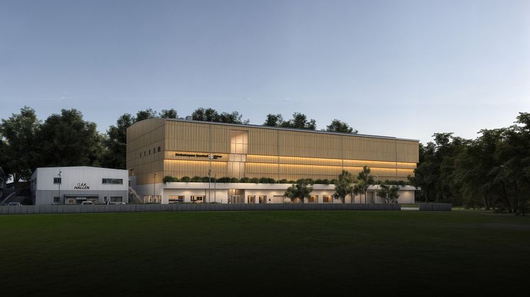 Slottsskogens sporthall i skymning. Visionsbild: Norconsult