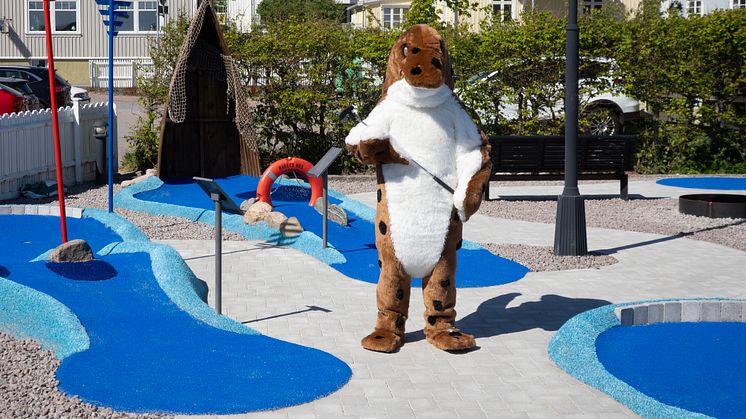 Havets Hus maskot "Fläckis" spelar på den nya äventyrsbangolfen vid Havets Hus. 
