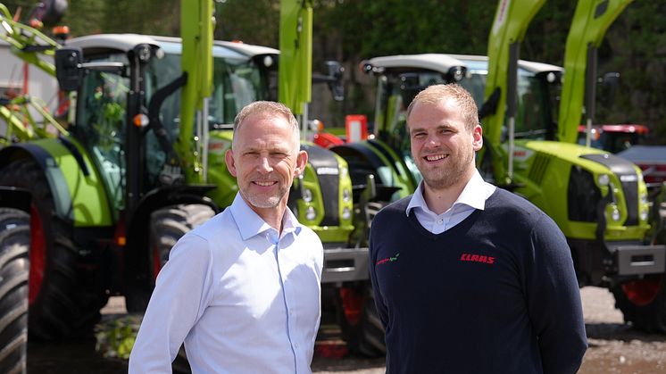 Tospann: Ståle Buraas og Håvard Johansen Lindgaard vil framover dele på ansvaret for CLAAS traktor, gjennom stillingene som henholdsvis salgssjef og produktsjef.