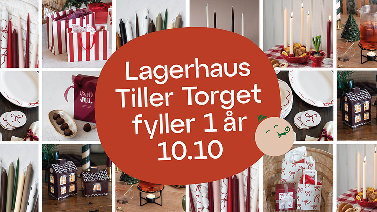 Kollasj med juleprodukter fra Lagerhaus, blant annet gaveposer i rødt og hvitt, stearinlys i ulike farger og porselen.