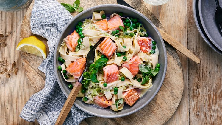 Kremet tagliatelle med laks. Foto: Godfisk.no