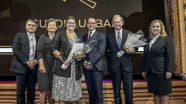 Från vänster: Håkan Broman (vd, Styrelseakademien), Caroline af Ugglas (juryns ordförande), Lena Olving (ordförande, Nodica Group), H.K.H. Prins Daniel, Marcus Wallenberg (ordförande, SAAB), Therese Kjellberg (ordförande, Deloitte)