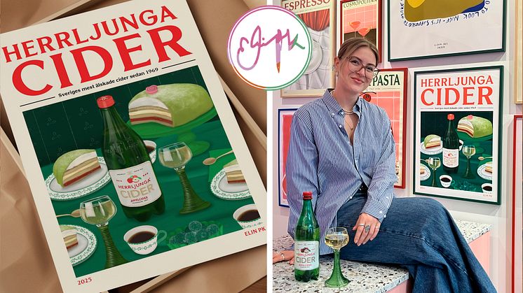 Elin PK poserar bredvid sin konstnärliga hyllning av Herrljunga Cider i sin butik på Södra Vägen 53.