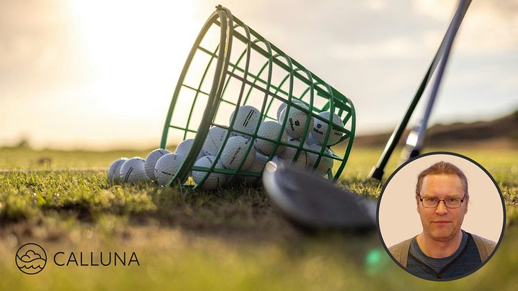 En bild som föreställer golfbollar och en klubba samt porträttbild på Håkan Andersson.