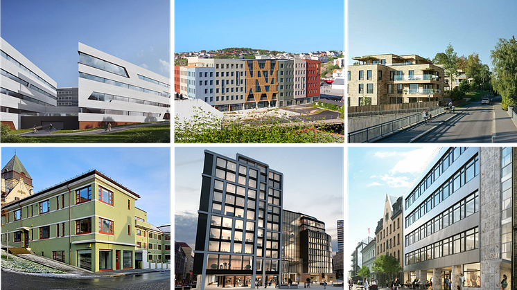 Øverst fra venstre: Forskningsparken Tromsø - bygg 4, Campus Kristiansund, Fagerlunden, Wasmuthgården, Stenersgata 1-3 og Øvre Vollgate 13