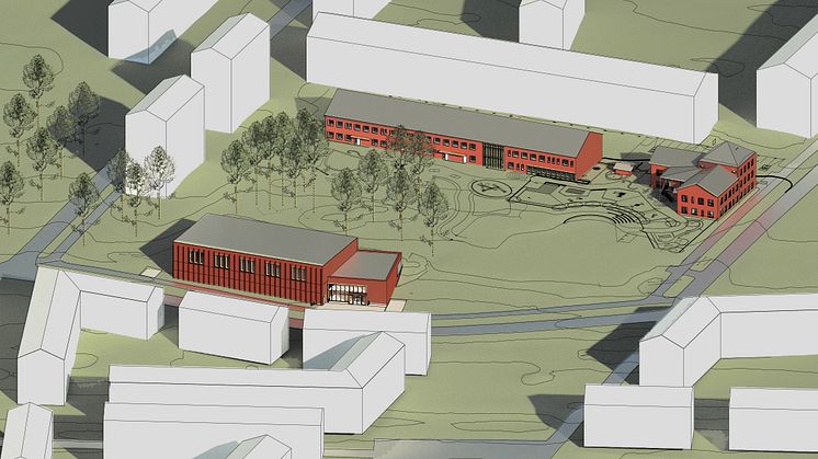 Vid Språkskolan ska en ny idrottshall byggas. Illustrationen visar en möjlig utformning. Illustration: White arkitekter.