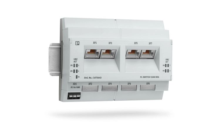Finns nu hos Conrad: Installeras snabbt och enkelt i husets undercentral. Phoenix Contacts ohanterade switchar FL SWITCH 1108 REG (foto) och FL Switch 1104-4POE säkerställer datautbyte och strömförsörjning. © Phoenix Contact
