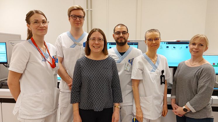  Kvalitetssamordnare i Sunderbyn. Ida Rydén,  Kristoffer Sund, Rafael Perez, Siv Andersson, Pernilla Jatko och längst fram Maria Clausén, kvalitetsledare. Foto: Malena Dalhägg 