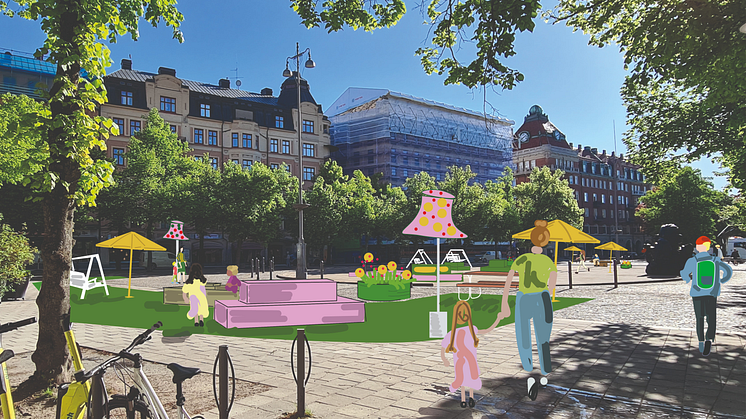I sommar förvandlas Järntorget till en levande och trivsam mötesplats för alla. Illustration: Örebro kommun