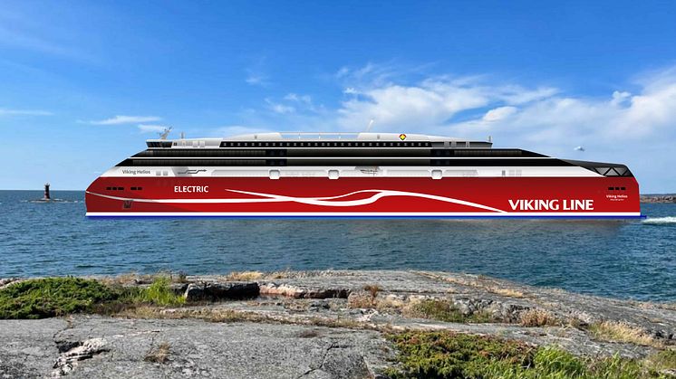 Fartygskonceptet Helios kan bli världens största eldrivna passagerarbilfärja. Skissbild: Viking Line