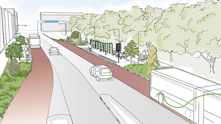Illustration över hur Västra Nobelgatan kommer se ut när arbetet med att anpassa gatan för Citylinjen är färdigt. Bild: Örebro kommun
