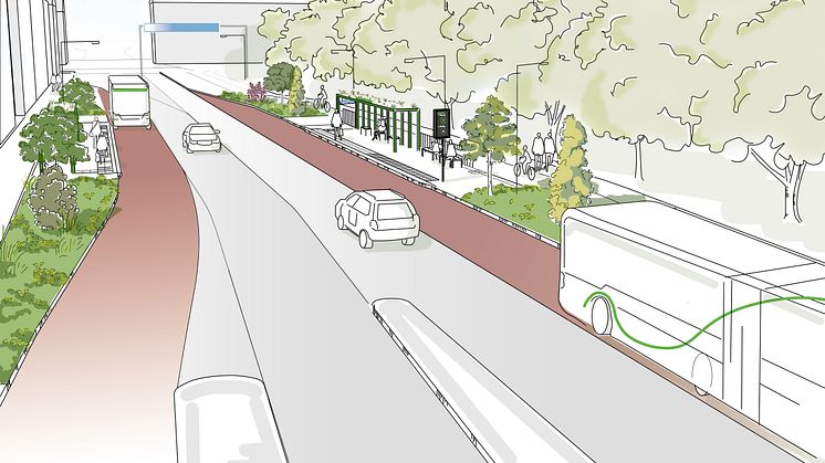Illustration över hur Västra Nobelgatan kommer se ut när arbetet med att anpassa gatan för Citylinjen är färdigt. Bild: Örebro kommun