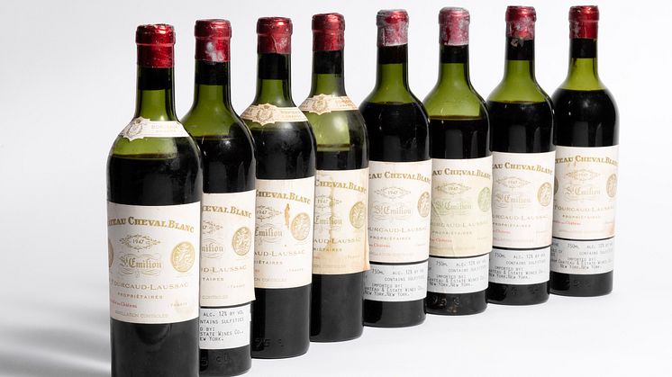 Otte flasker af den sjældne Château Cheval Blanc 1947 er vurderet til 300.000-400.000 kr. og kommer på auktion hos Bruun Rasmussen den 5. december.