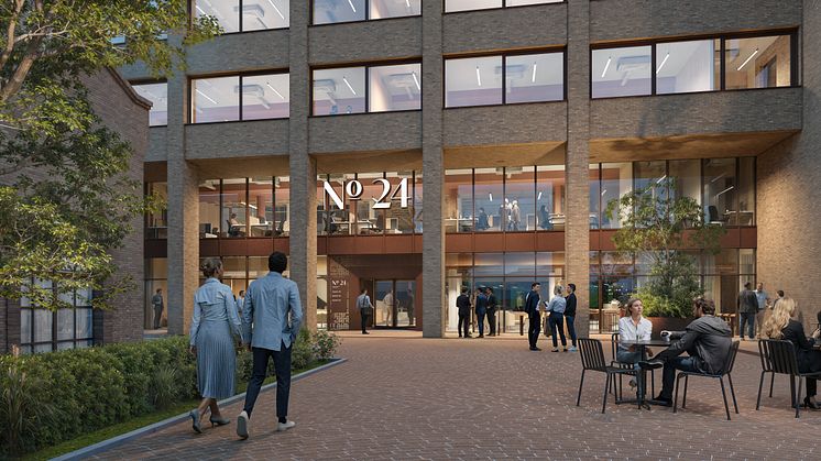 Rehabiliteringen av Karenslyst alle 24 er designet av LINK Arkitektur, som også tegnet det opprinnelige bygget i 1994, og nå vil bringe fremtidens løsninger inn i et ikonisk bygg. Illustrasjon: Plyo.