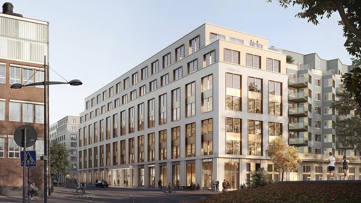 FOJAB gestaltar kontor och bostäder i tre olika kvarter i Hornsberg på Kungsholmen. Här kontorshuset åt NCC PD. Illustration: FOJAB