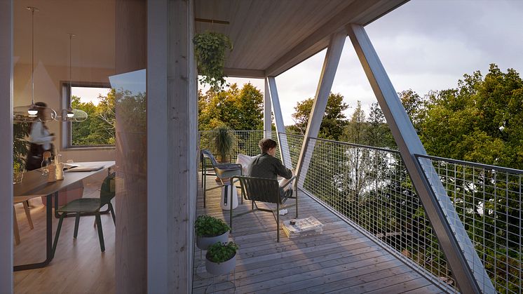 På de övre planen kommer man, förutom sjöutsikt, att kunna tillbringa tid på generösa terrasser med trädkronorna som närmaste granne. Bild: Folkhem