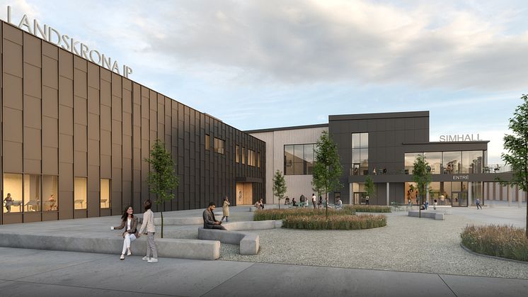 I dag presenterades skisserna för Landskronas nya simhall och den nya fotbollsarenan vid Landskrona IP. Skiss: Norconsult och JKAB arkitekter