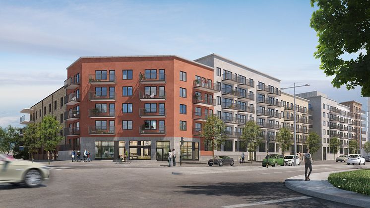 Resona har förvärvat kvarteret Trollvagnarna i Sollentuna och planerar bygga ca 300 nya bostäder. Här ser vi rendering av husen. (Rendering ÅWL Arkitekter)