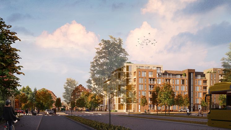 Illustration av vy sett från korsningen Stora Södergatan/Södra Vägen. Illustration: Tengbom