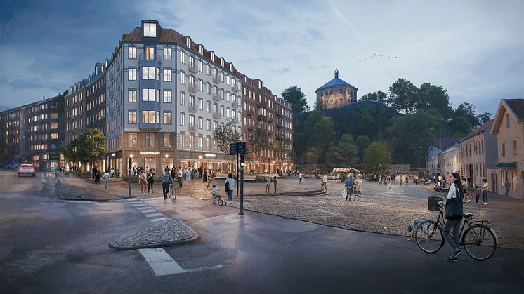 Samråd om detaljplan för bostäder och förskola m.m. vid Skanstorget är ett av ärendena på stadsbyggnadsnämnden nästa vecka. Bild: Okidoki Arkitekter.