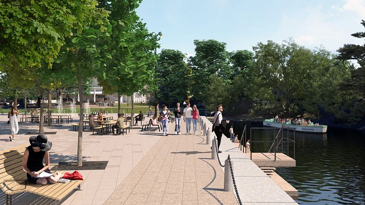 Bilden visar förslaget till en ny plats på bastionsspetsen nedanför Kungstorget, med gott om sittplatser, träd och bryggdäck på vattnet. Visionsbild: ÅWL Arkitekter och Göteborgs Stad