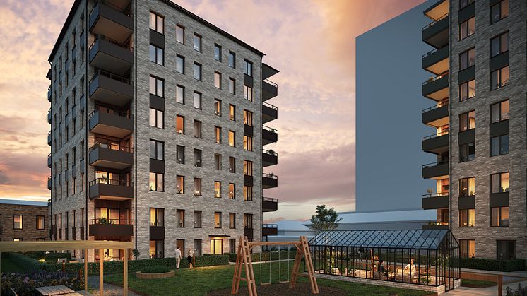 HSB brf Polaris består av två hus om 10 våningar som förbinds med garage och en skyddad upphöjd gård med bland annat pergola och växthus.