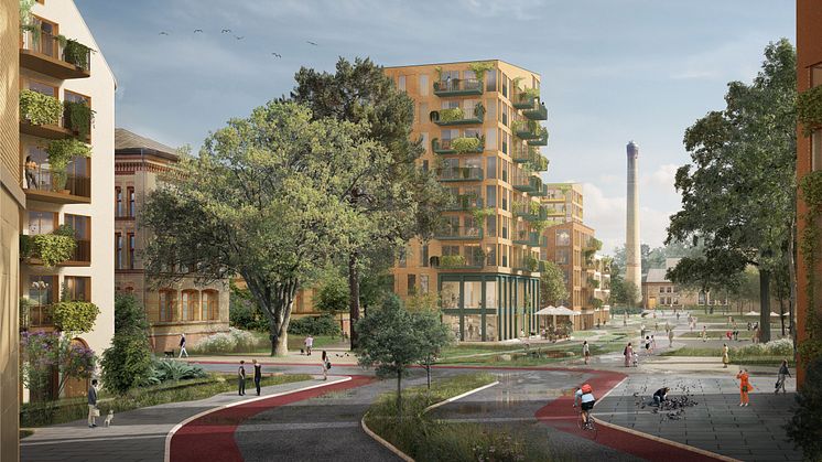 Små, grønne lommer mellom husene, natur med frodige parker, biodiversitet og bekkeåpninger vil gi et grønt og levende område på Nye Ullevål. Illustrasjon: LINK Arkitektur.