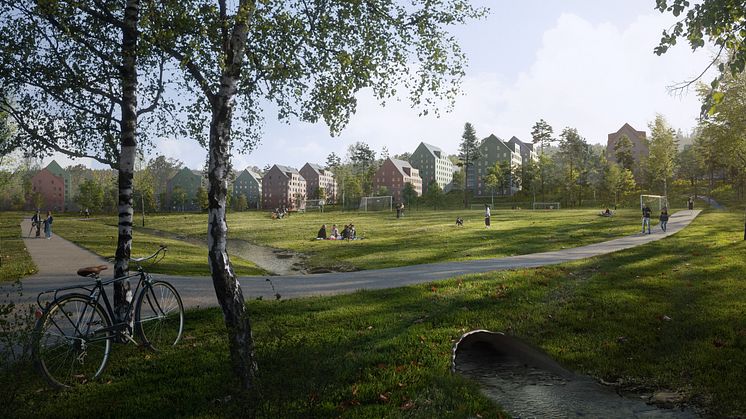 Illustration som visar hur bebyggelsen kan komma att upplevas från Campusparken. Illustration: Sunnerö Arkitekter/Visulent.